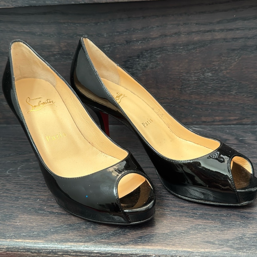 Christian Louboutin - Patent Black Leather Peep-Toe Pumps - size 36